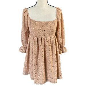 EVOLUTIONARY APPAREL Gold Flaked Baby Doll Dress Size L Rose Gold Puff Sleeve